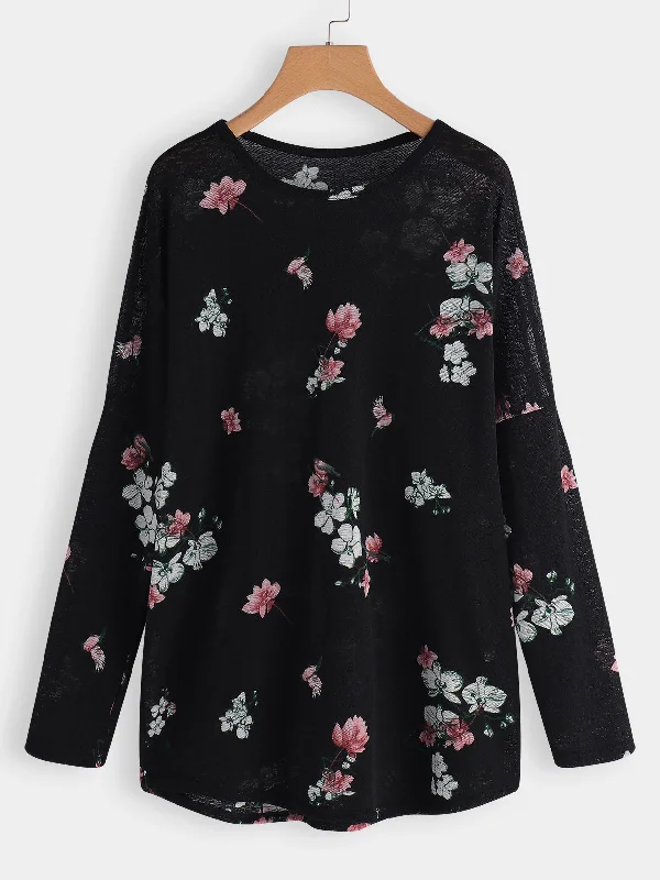 OEM ODM Long Sleeve Round Neck Floral Print Calico Black Plus Size Tops