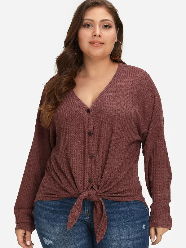 OEM ODM V-Neck Plain Self-Tie Long Sleeve Plus Size Tops