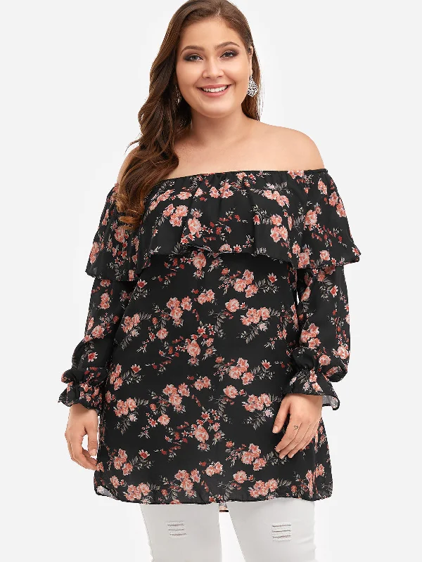 OEM ODM Off The Shoulder Floral Print Calico Tiered Ruffle Trim Long Sleeve Black Plus Size Tops