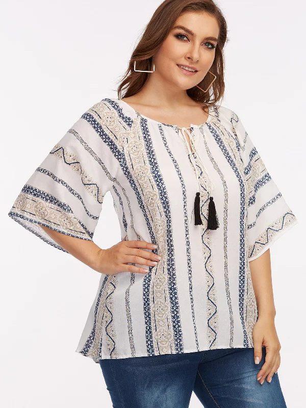 OEM ODM Round Neck Tassel Half Sleeve Flounced Hem Plus Size Tops