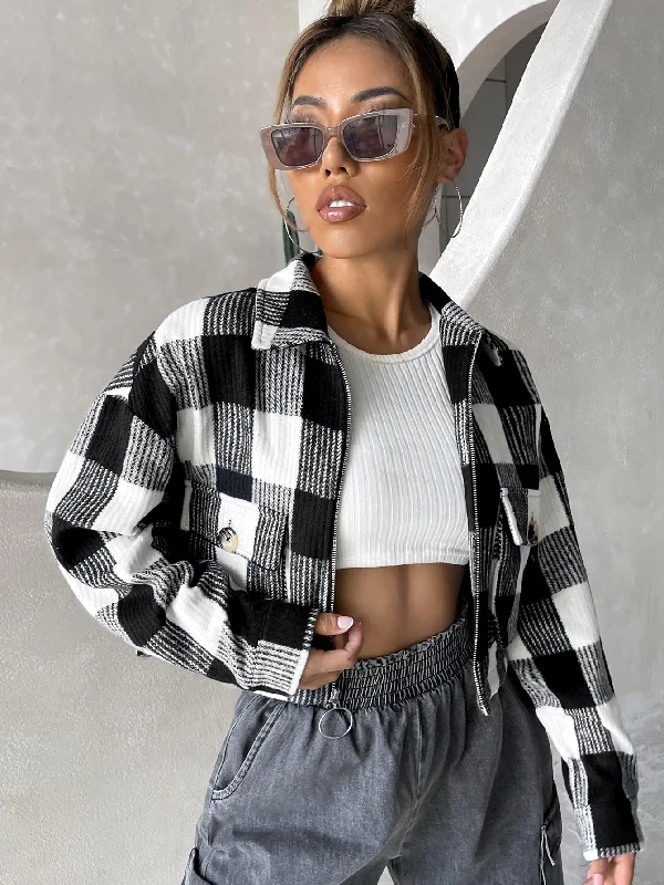 Plaid Pocket Long Sleeve Collar Crop Women Overcoat