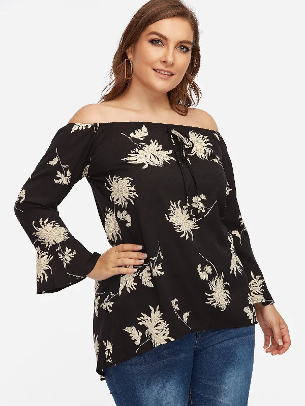 OEM ODM Off The Shoulder Floral Print Tie-Up Long Sleeve High-Low Hem Plus Size Tops