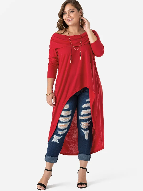 OEM ODM Off The Shoulder Plain Backless Long Sleeve Irregular Hem Red Plus Size Tops