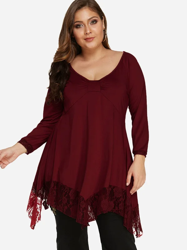 OEM ODM Scoop Neck Plain Lace Pleated Long Sleeve Irregular Hem Plus Size Tops