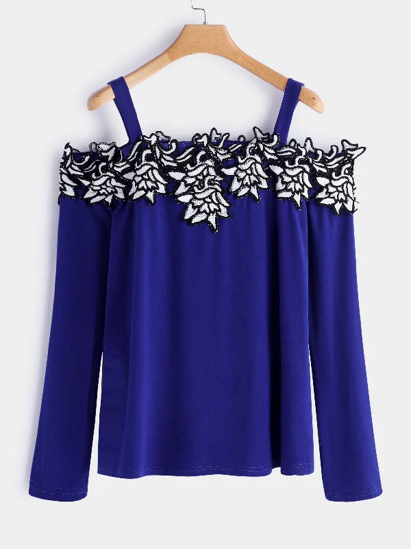 OEM ODM Cold Shoulder Plain Crochet Lace Embellished Backless Long Sleeve Blue Plus Size Tops