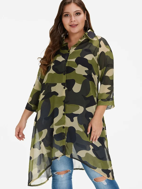 OEM ODM Classic Collar Camouflage 3/4 Sleeve High-Low Hem Camo Plus Size Tops