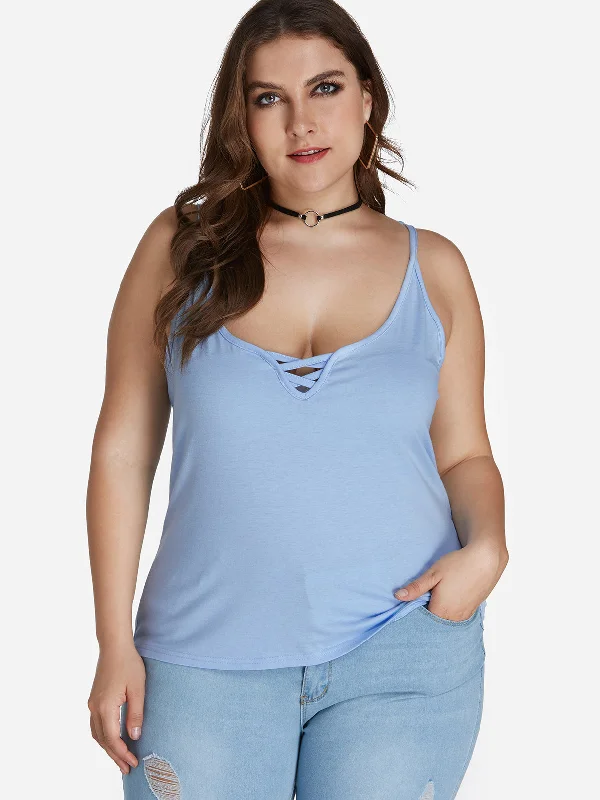 OEM ODM Plain Criss-Cross Sleeveless Sky Blue Plus Size Tops