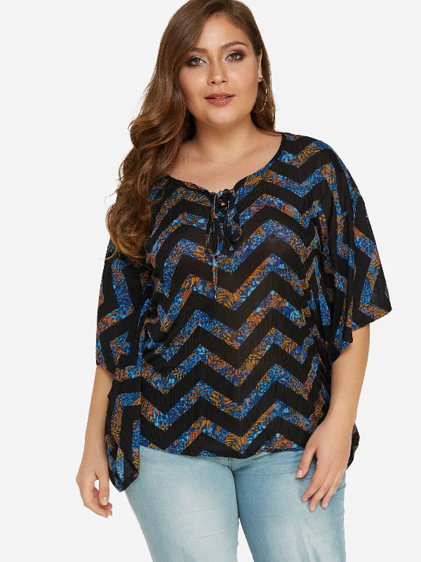 OEM ODM Round Neck Wave Self-Tie Half Sleeve Plus Size Tops