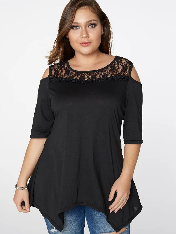 OEM ODM Scoop Neck Cold Shoulder Plain Lace Half Sleeve Irregular Hem Black Plus Size Tops