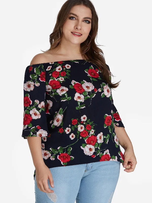 OEM ODM Off The Shoulder Floral Print 3/4 Sleeve Curved Hem Black Plus Size Tops