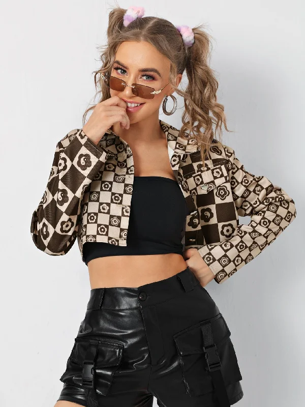 Casual Plaid Button Front Long Sleeve Collar Crop Women Jacket