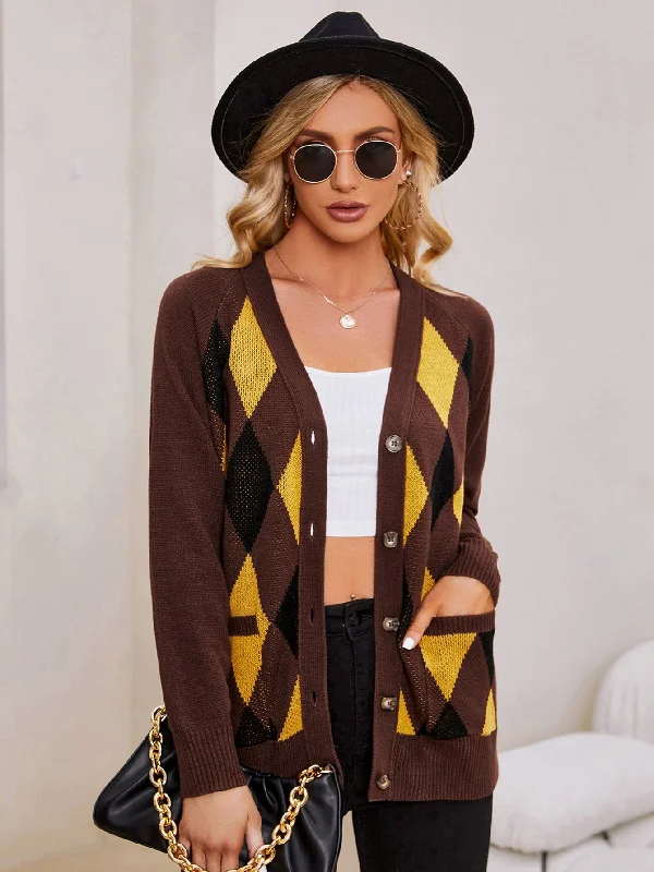 Casual Geometric Button Front Long Sleeve V Neck Short Women Cardigan