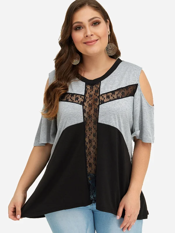 OEM ODM V-Neck Stripe Lace Half Sleeve Handkerchief Hem Plus Size Tops