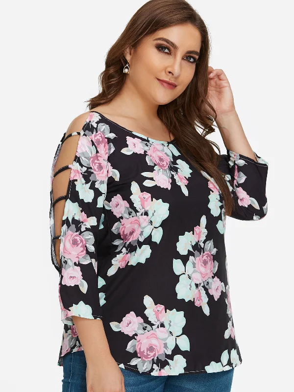 OEM ODM Round Neck Floral Print Cut Out 3/4 Sleeve Curved Hem Plus Size Tops