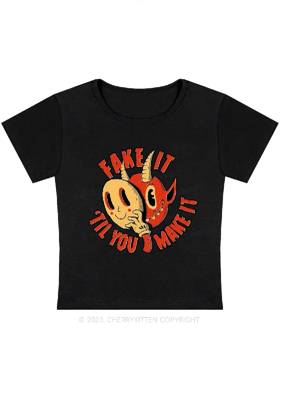 Fake It Til You Make It Halloween Y2K Baby Tee Cherrykitten