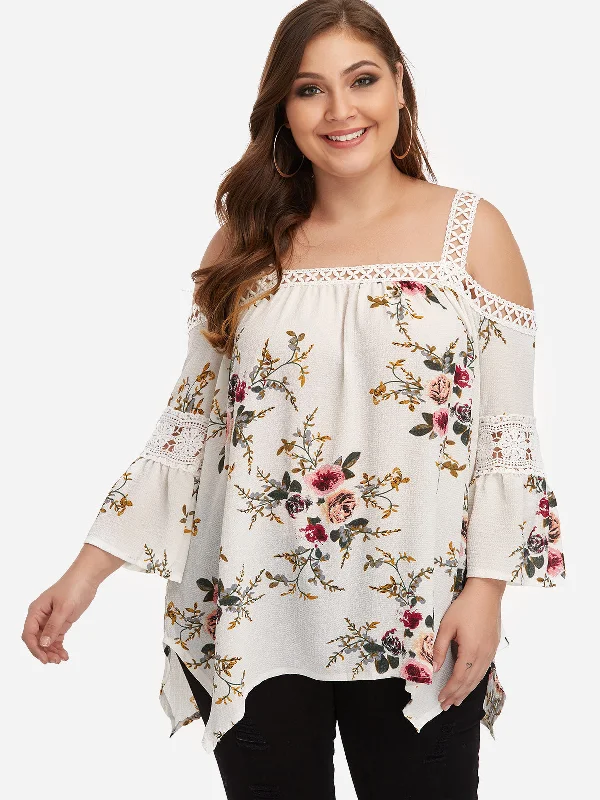 OEM ODM Cold Shoulder Floral Print Lace Long Sleeve Handkerchief Hem Plus Size Tops