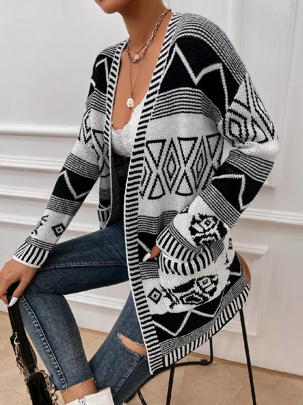 Casual Geometric Pocket Long Sleeve Short Women Cardigan