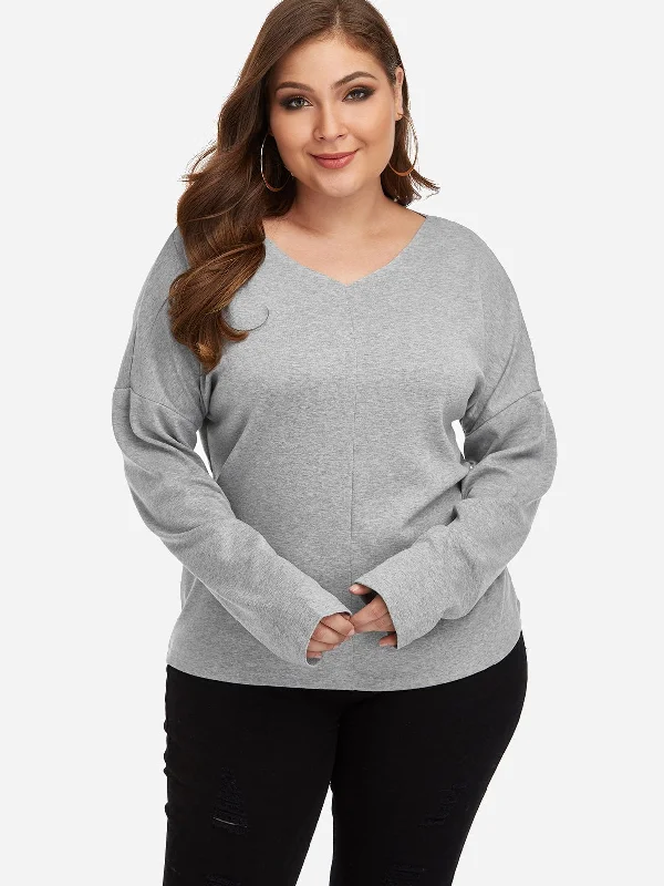 OEM ODM V-Neck Plain Long Sleeve Plus Size Tops