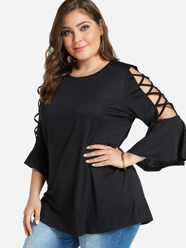 OEM ODM Round Neck Cut Out 3/4 Sleeve Black Plus Size Tops