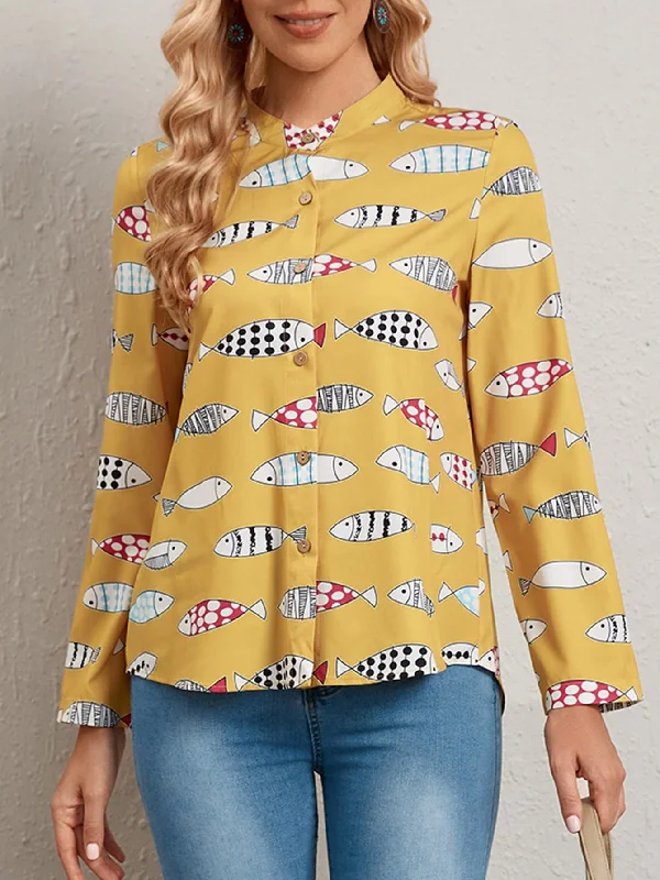 Casual All Over Print Button Front Long Sleeve Collar Regular Blouse