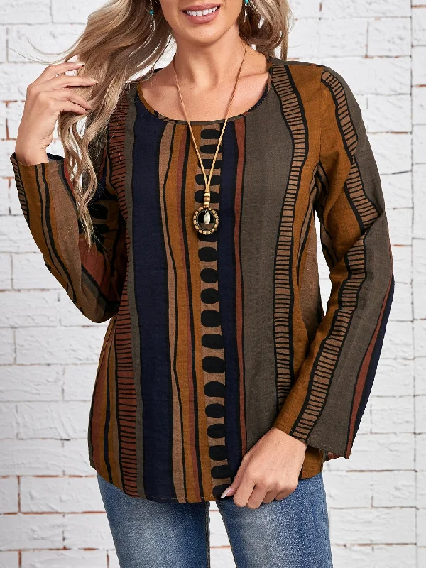 Casual Geometric Long Sleeve Round Neck Regular Blouse