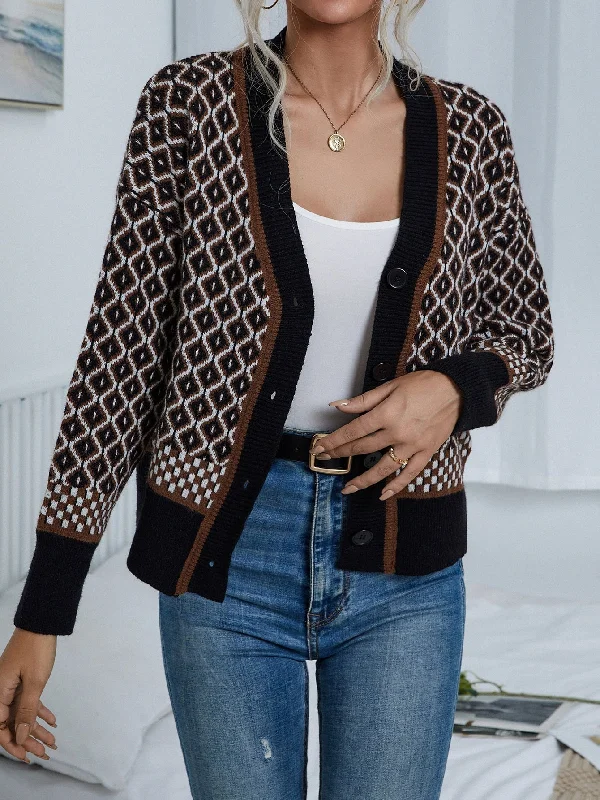 Casual Geometric Button Front Long Sleeve V Neck Regular Women Cardigan