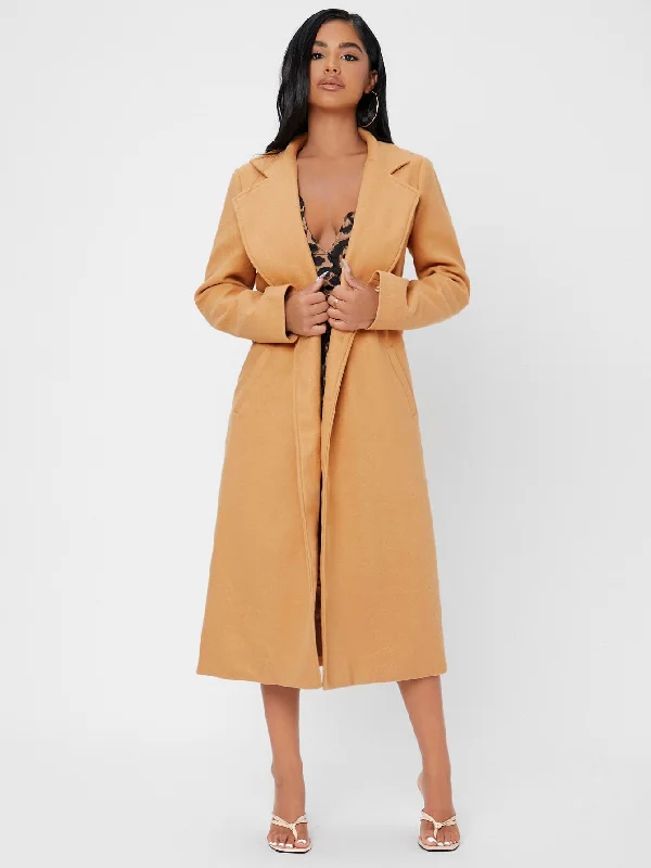 Elegant Plain Pocket Long Sleeve Lapel Midi Women Overcoat