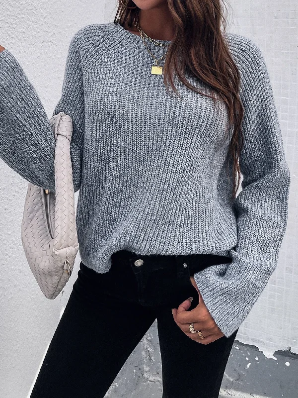 Casual Plain Rib-Knit Long Sleeve Round Neck Regular Women Sweater