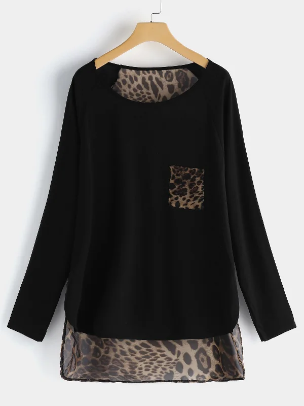 OEM ODM Round Neck Leopard Long Sleeve High-Low Hem Plus Size Tops