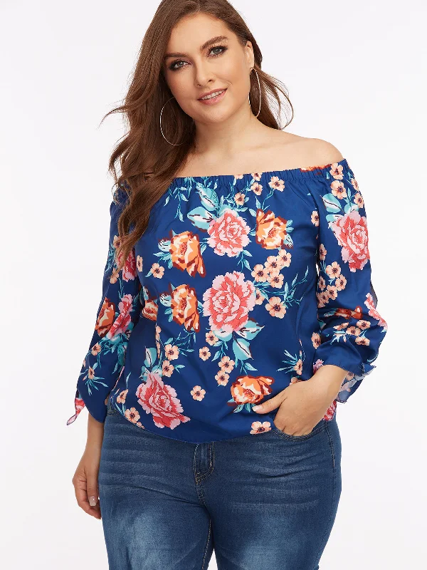 OEM ODM Off The Shoulder Floral Print 3/4 Sleeve Curved Hem Plus Size Tops