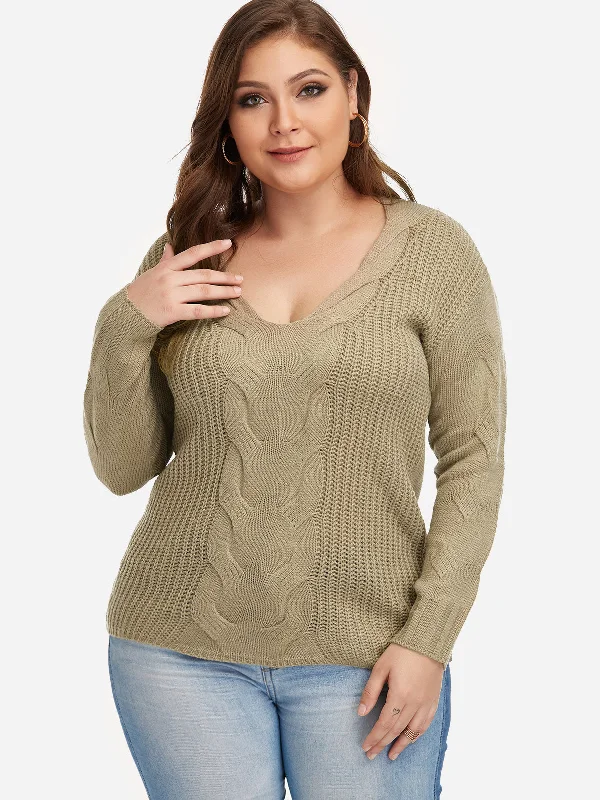 OEM ODM V-Neck Plain Long Sleeve Khaki Plus Size Tops