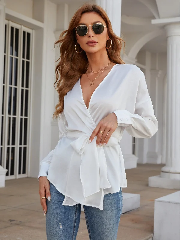 Elegant Plain Wrap Long Sleeve Sweetheart Regular Women Top