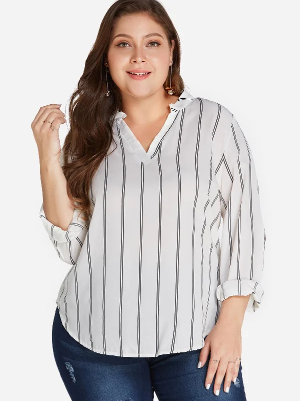 OEM ODM V-Neck Stripe Long Sleeve Curved Hem White Plus Size Tops