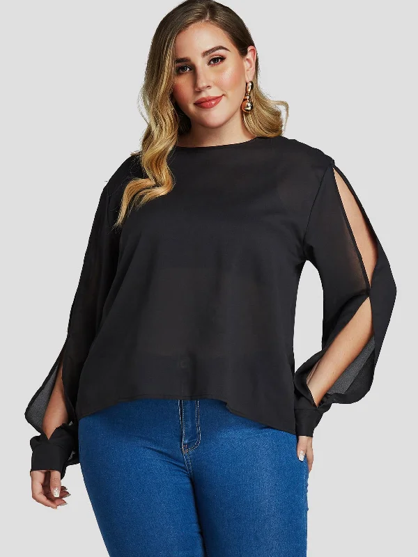 OEM ODM Round Neck Plain Cut Out Long Sleeve Black Plus Size Tops