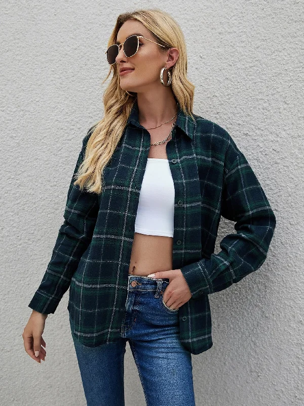 Casual Plaid Button Long Sleeve Collar Long Blouse