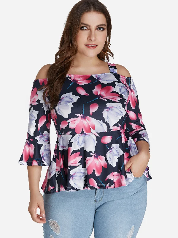 OEM ODM Cold Shoulder Floral Print Pleated 3/4 Sleeve Flounced Hem Plus Size Tops