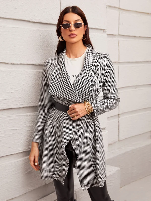 Elegant Houndstooth Long Sleeve Waterfall Asymmetrical Short Women Overcoat