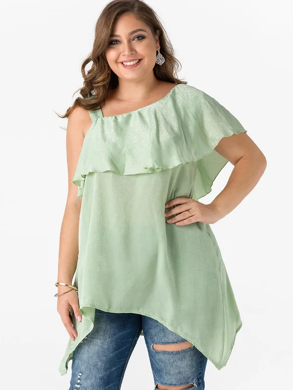 OEM ODM One Shoulder Plain Tiered Backless Short Sleeve Irregular Hem Green Plus Size Tops