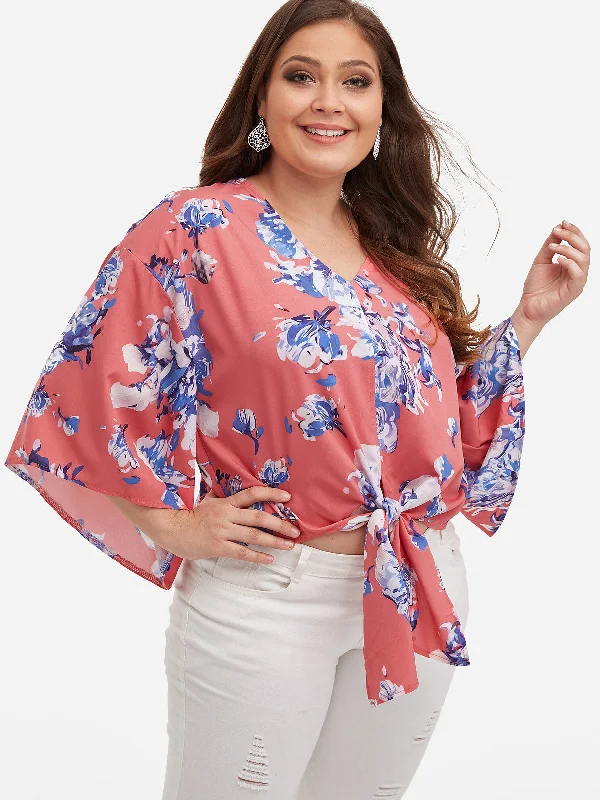 OEM ODM V-Neck Floral Print Self-Tie 3/4 Sleeve Plus Size Tops