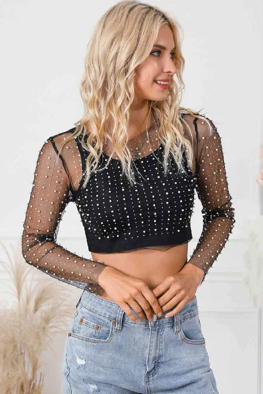 BerryBetty - Pearl Long Sleeve Mesh Cropped Top