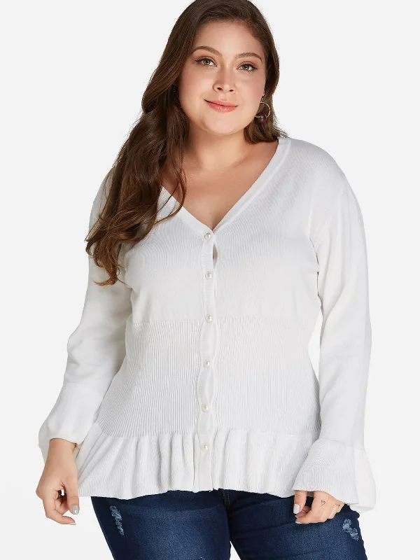 OEM ODM V-Neck Plain Ruffle Trim Long Sleeve Flounced Hem Plus Size Tops