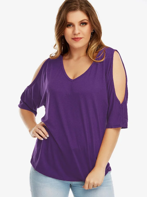 OEM ODM V-Neck Cold Shoulder Plain Half Sleeve Plus Size Tops