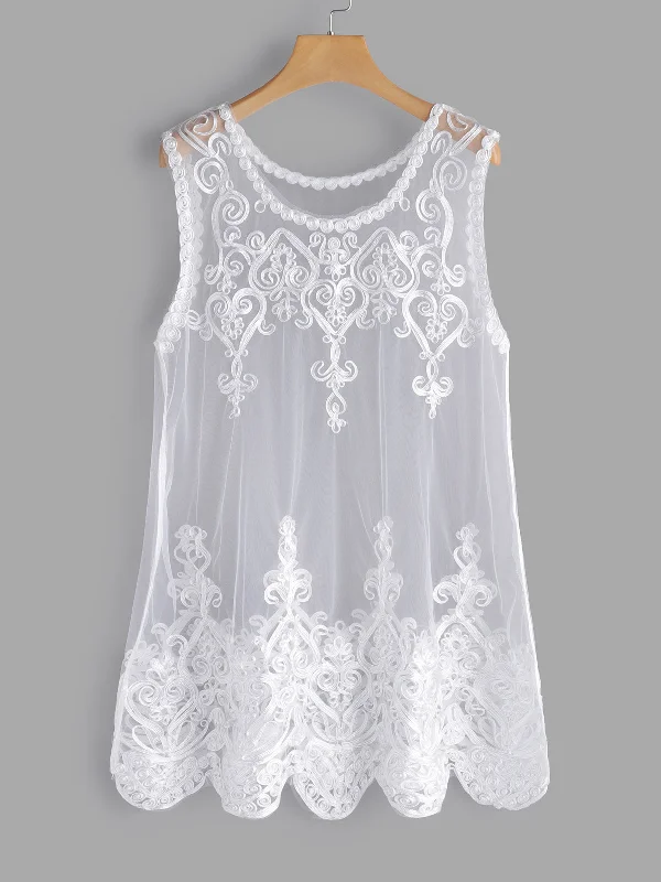 OEM ODM Round Neck Embroidered Lace See Through Sleeveless Plus Size Tops