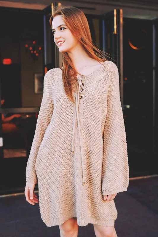 Chunky Knit Lace Up Sweater Dress