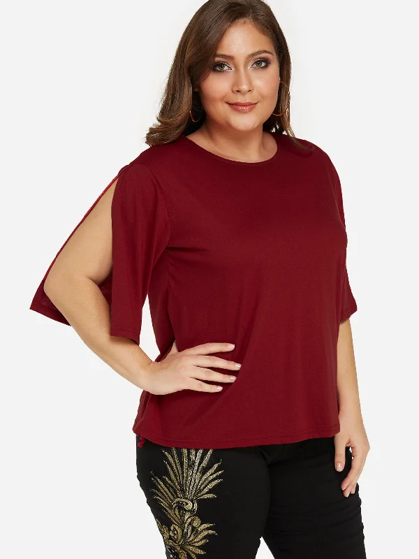 OEM ODM Round Neck Plain Half Sleeve Burgundy Plus Size Tops