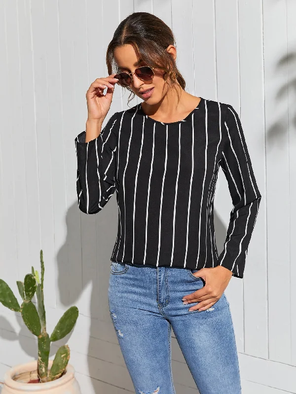 Elegant Striped Long Sleeve Round Neck Regular Blouse