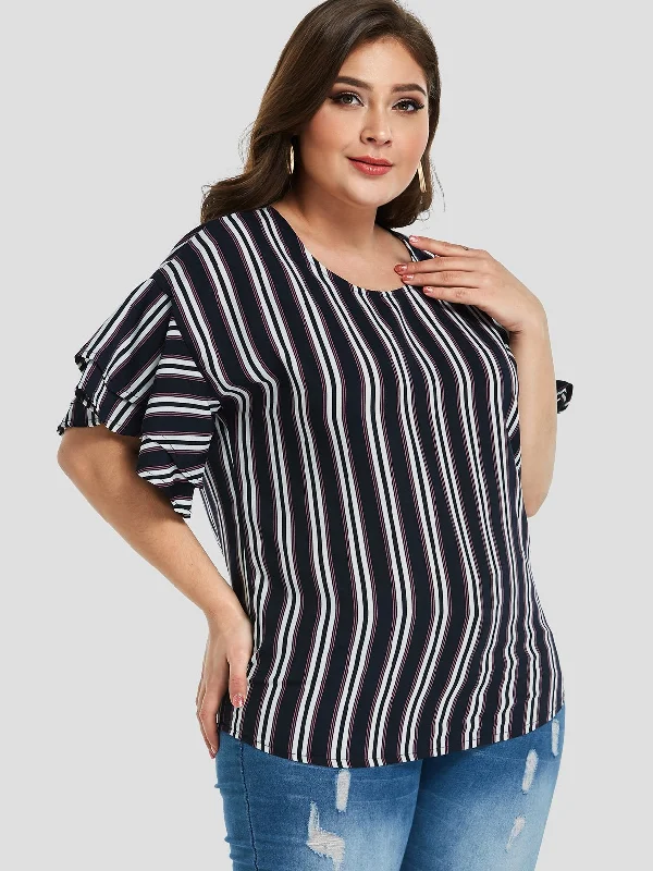 OEM ODM Round Neck Stripe Tiered Ruffle Trim Plus Size Tops