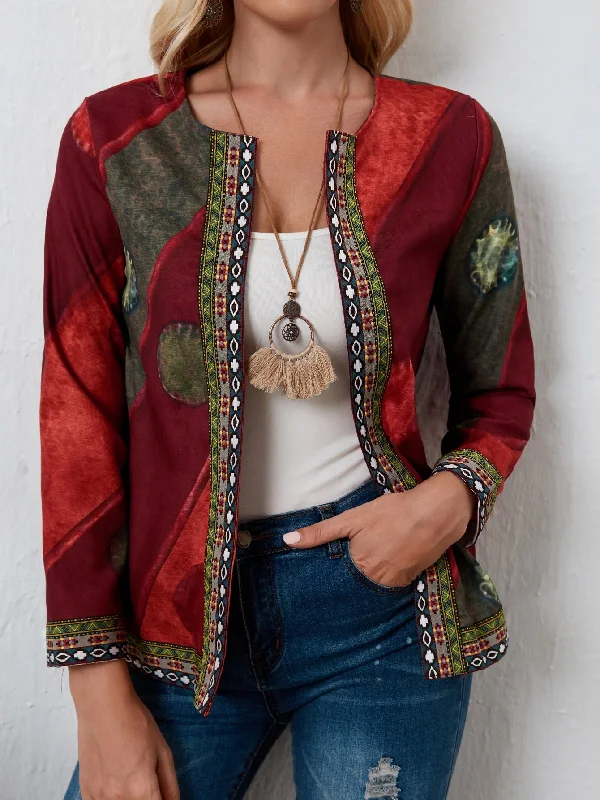 Boho Geometric Long Sleeve Round Neck Regular Women Coat