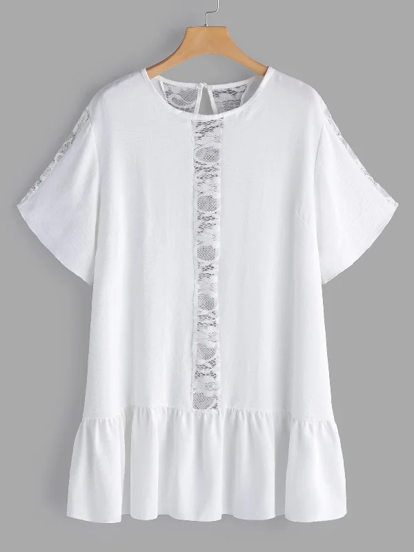 OEM ODM Round Neck Plain Lace Hollow Pleated See Through Short Sleeve Flounced Hem White Plus Size Tops