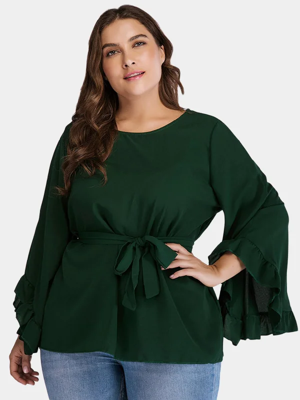 OEM ODM Round Neck Plain Self-Tie Ruffle Trim Long Sleeve Green Plus Size Tops